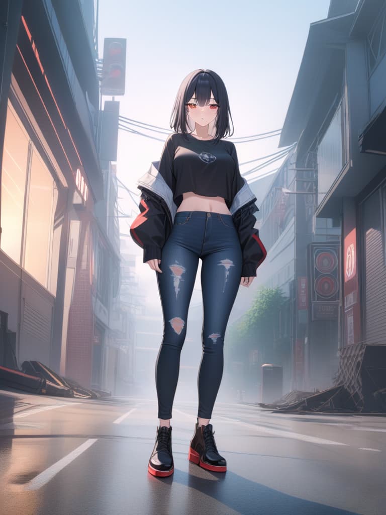  Black hair, black T shirt, damage jeans, green mesh, sauce, red pupil, alley, masterpiece, best quality,8k,ultra detailed,high resolution,an extremely delicate and beautiful,hyper detail hyperrealistic, full body, detailed clothing, highly detailed, cinematic lighting, stunningly beautiful, intricate, sharp focus, f/1. 8, 85mm, (centered image composition), (professionally color graded), ((bright soft diffused light)), volumetric fog, trending on instagram, trending on tumblr, HDR 4K, 8K