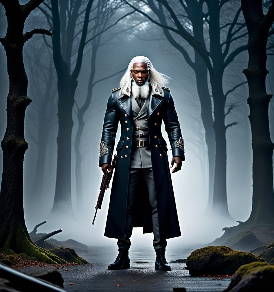  lovecraftian horror A black man, soldier, in a coat, with a beard, long white hair, standing full height, muscular physique, height 2 meters, battle axe in the right hand. . eldritch, cosmic horror, unknown, mysterious, surreal, highly detailed hyperrealistic, full body, detailed clothing, highly detailed, cinematic lighting, stunningly beautiful, intricate, sharp focus, f/1. 8, 85mm, (centered image composition), (professionally color graded), ((bright soft diffused light)), volumetric fog, trending on instagram, trending on tumblr, HDR 4K, 8K