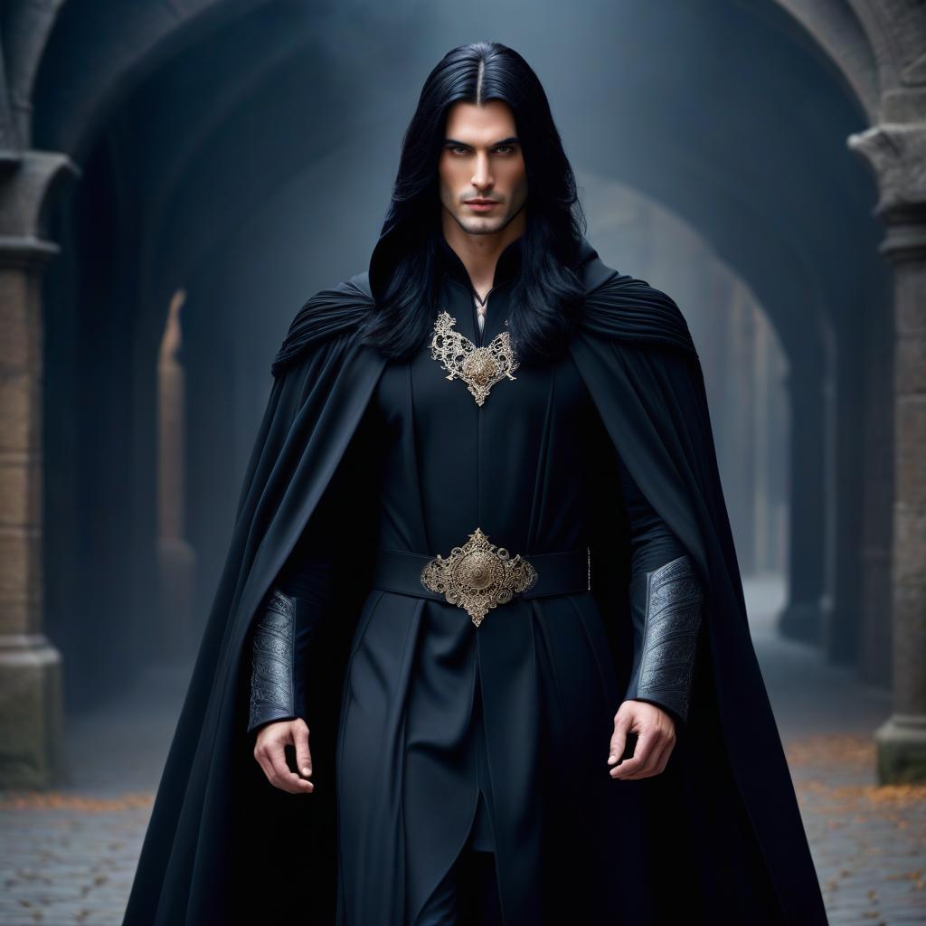  Young man in a long black cloak, long black hair, fantasy style hyperrealistic, full body, detailed clothing, highly detailed, cinematic lighting, stunningly beautiful, intricate, sharp focus, f/1. 8, 85mm, (centered image composition), (professionally color graded), ((bright soft diffused light)), volumetric fog, trending on instagram, trending on tumblr, HDR 4K, 8K