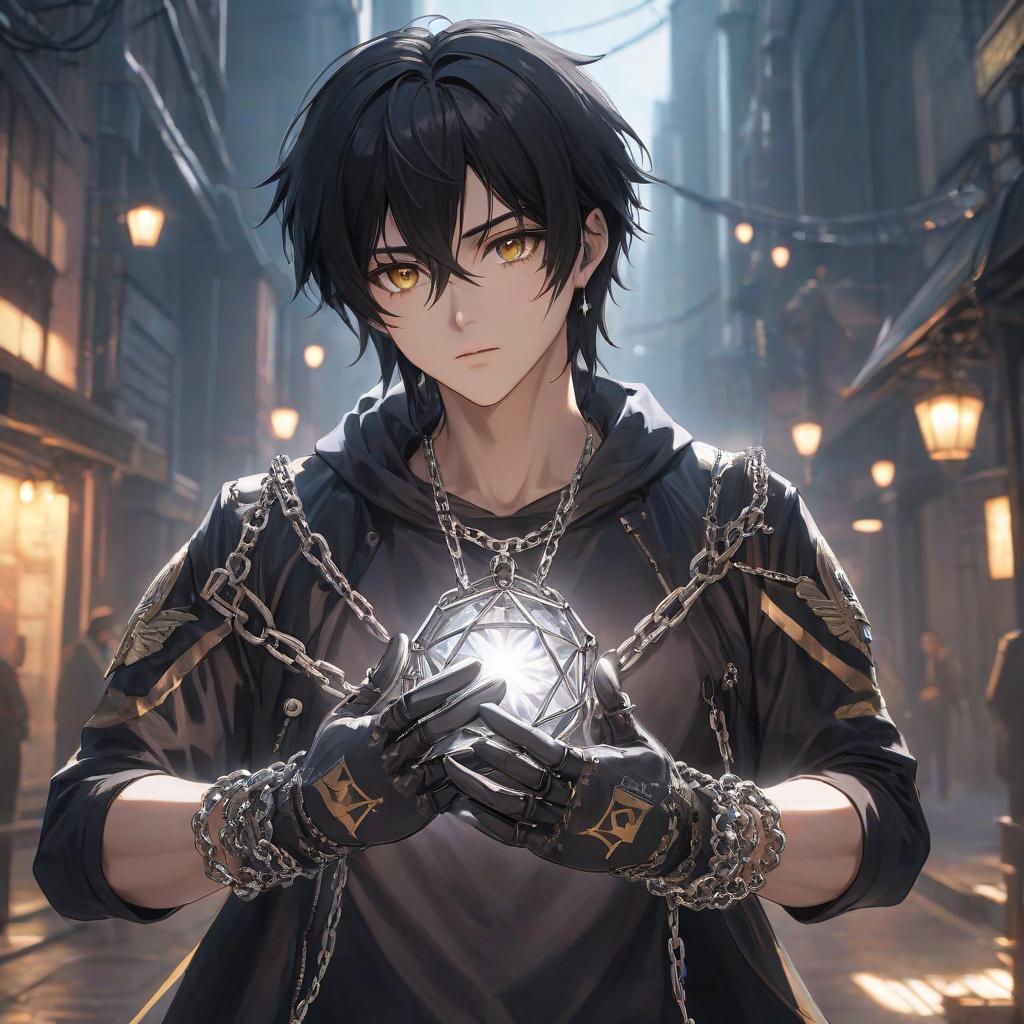  (masterpiece, 2D, anime style), guy, black hair, long hair, amber eyes, deep set eyes, pale skin, geometric shapes on hands, cybernetic hands, gloves, chains, silver chains, light from behind the object, high quality, HD, visual novel style, hyperrealistic, full body, detailed clothing, highly detailed, cinematic lighting, stunningly beautiful, intricate, sharp focus, f/1. 8, 85mm, (centered image composition), (professionally color graded), ((bright soft diffused light)), volumetric fog, trending on instagram, trending on tumblr, HDR 4K, 8K