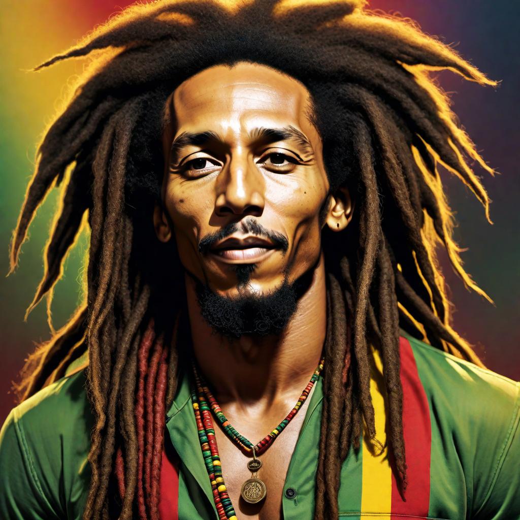  Colorful Bob Marley-inspired artwork reflecting his vibrant and legendary persona. Incorporate elements like his iconic dreadlocks, musical instruments, and a lively Rastafarian color palette with reds, greens, and yellows. hyperrealistic, full body, detailed clothing, highly detailed, cinematic lighting, stunningly beautiful, intricate, sharp focus, f/1. 8, 85mm, (centered image composition), (professionally color graded), ((bright soft diffused light)), volumetric fog, trending on instagram, trending on tumblr, HDR 4K, 8K