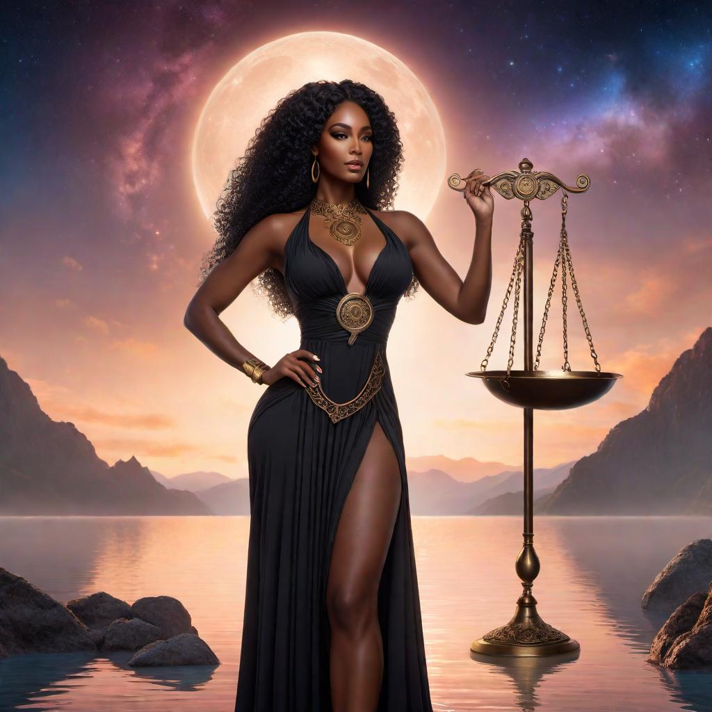  Enchanting black female holding a scale as a symbol of balance in the sign of Libra zodiac, lofi fantasy style. The character should have a harmonious and balanced appearance, with soft, dreamy, and relaxed lofi elements. Include celestial or cosmic background details to create an enchanting atmosphere. hyperrealistic, full body, detailed clothing, highly detailed, cinematic lighting, stunningly beautiful, intricate, sharp focus, f/1. 8, 85mm, (centered image composition), (professionally color graded), ((bright soft diffused light)), volumetric fog, trending on instagram, trending on tumblr, HDR 4K, 8K