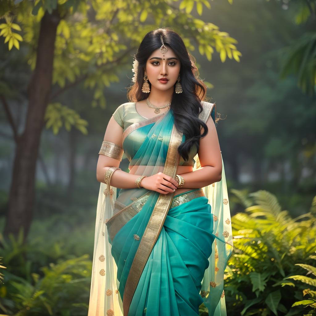  a Chubby indian women in blue saree, at greenery park, clean face details, portrait, hyperrealistic, full body, detailed clothing, highly detailed, cinematic lighting, stunningly beautiful, intricate, sharp focus, f/1. 8, 85mm, (centered image composition), (professionally color graded), ((bright soft diffused light)), volumetric fog, trending on instagram, trending on tumblr, HDR 4K, 8K