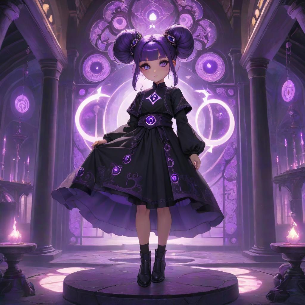  Lol, the little girl, the girl with a third eye in her forehead, a beautiful girl, in black clothes with a purple eye symbol, magic, fantasy, purple eyes, long purple hair, bun hairstyle, hyperrealistic, full body, detailed clothing, highly detailed, cinematic lighting, stunningly beautiful, intricate, sharp focus, f/1. 8, 85mm, (centered image composition), (professionally color graded), ((bright soft diffused light)), volumetric fog, trending on instagram, trending on tumblr, HDR 4K, 8K