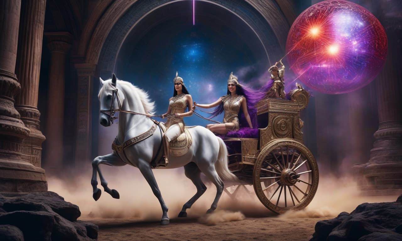  Fantasy Scene. Digital photo, Cleopatra riding a horse harnessed to a chariot, racing towards a glowing sphere, emitting white blue red glimmering, neon purple sparks, mystical glow. From under the wheels of the chariot, fantastically glimmering dust flies. Fantastic detailed background: surrealistic, intertwining in an extraordinary twisted ornament. Fine details. Sparks. hyperrealistic, full body, detailed clothing, highly detailed, cinematic lighting, stunningly beautiful, intricate, sharp focus, f/1. 8, 85mm, (centered image composition), (professionally color graded), ((bright soft diffused light)), volumetric fog, trending on instagram, trending on tumblr, HDR 4K, 8K