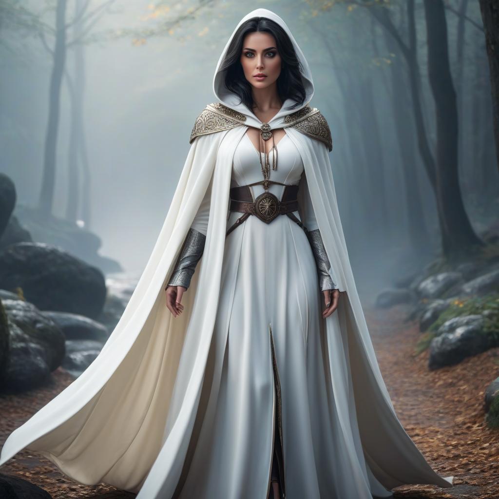  A girl mage with dark hair and eyes in a white cloak. hyperrealistic, full body, detailed clothing, highly detailed, cinematic lighting, stunningly beautiful, intricate, sharp focus, f/1. 8, 85mm, (centered image composition), (professionally color graded), ((bright soft diffused light)), volumetric fog, trending on instagram, trending on tumblr, HDR 4K, 8K