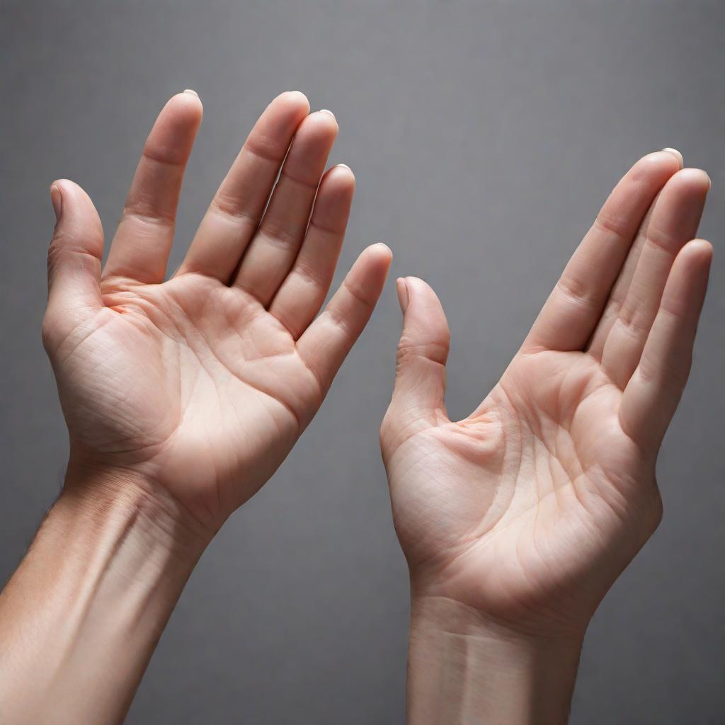  A detailed image showing left and right hands of both a male and a female. The hands are depicted in realistic detail, showcasing the differences in size and shape between male and female hands. The background is plain and neutral to focus on the hands. hyperrealistic, full body, detailed clothing, highly detailed, cinematic lighting, stunningly beautiful, intricate, sharp focus, f/1. 8, 85mm, (centered image composition), (professionally color graded), ((bright soft diffused light)), volumetric fog, trending on instagram, trending on tumblr, HDR 4K, 8K