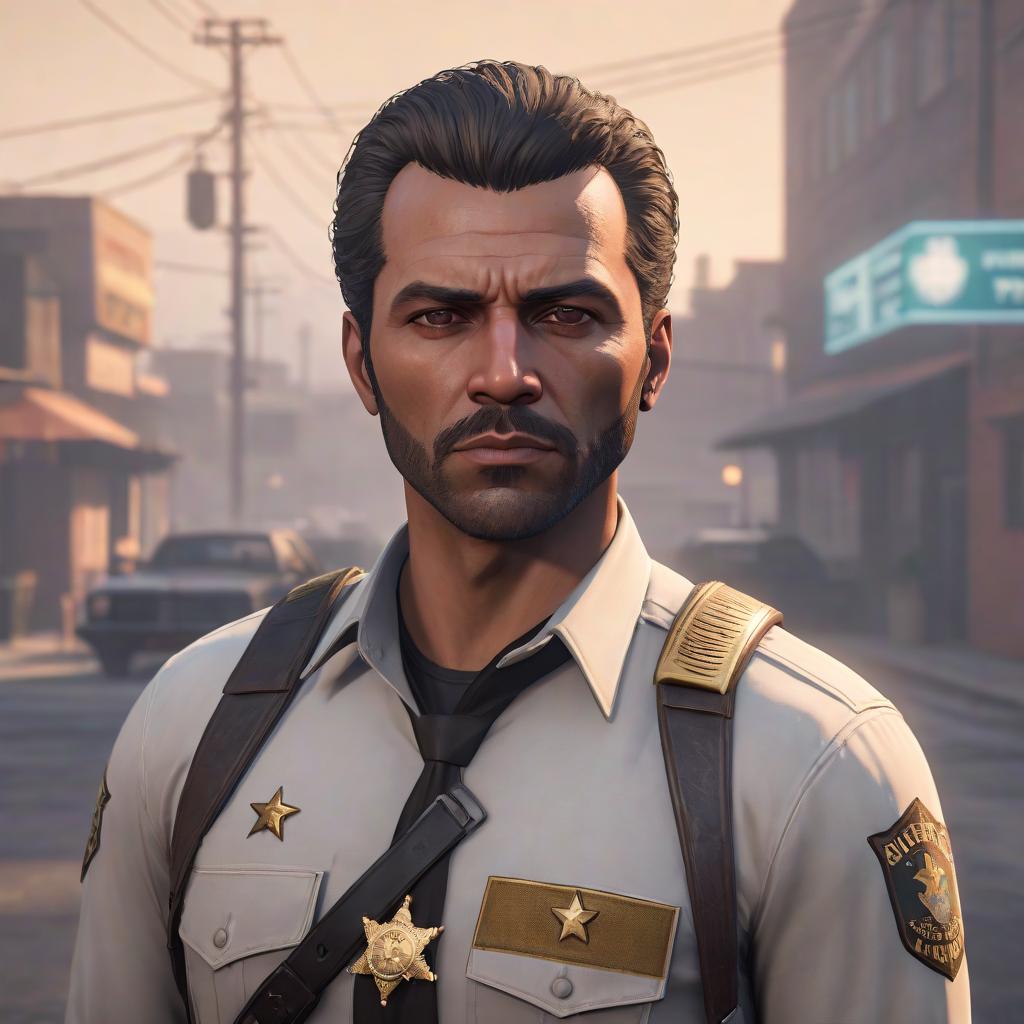  GTA character: sheriff hyperrealistic, full body, detailed clothing, highly detailed, cinematic lighting, stunningly beautiful, intricate, sharp focus, f/1. 8, 85mm, (centered image composition), (professionally color graded), ((bright soft diffused light)), volumetric fog, trending on instagram, trending on tumblr, HDR 4K, 8K