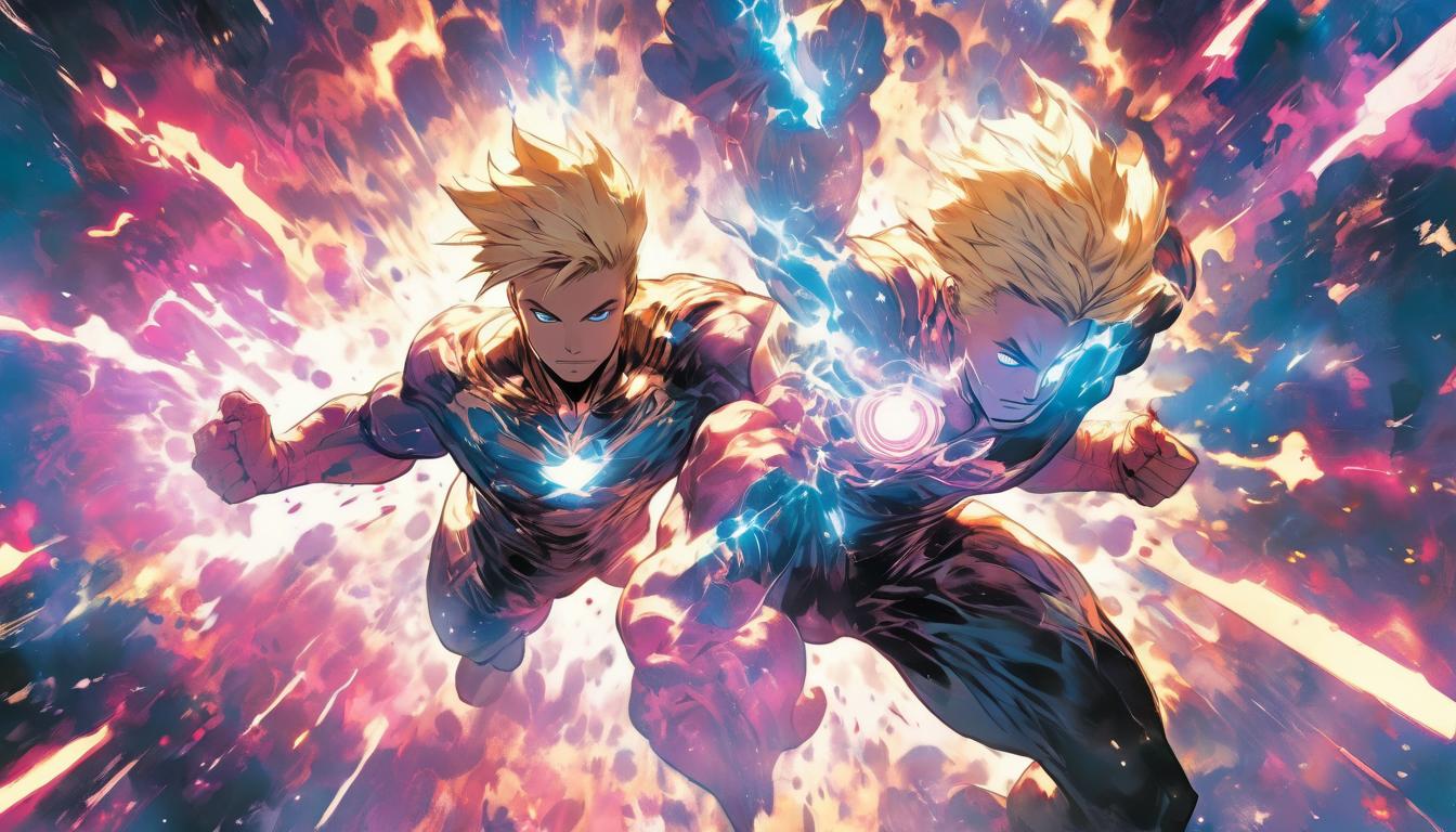  hyperrealism,fantasy aesthetic1man, attractive blonde male humanoid, arms outstretched, surrounded by a cocoon of vibrant energy, galaxies visible in the background, high tech clothing clad in sleek, futuristic costume with metallic accents and form fitting designs, marvel superhero comics style, unreal engine rendering