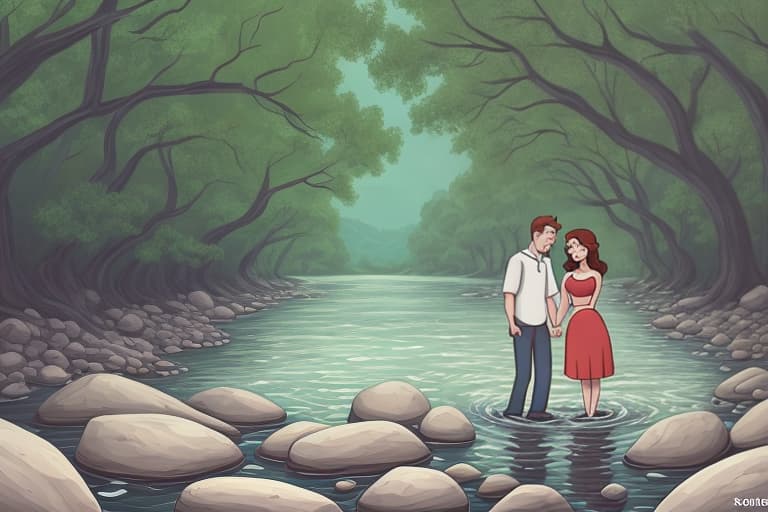  A cartoon couple in the river bank holding hands each other in moonshine