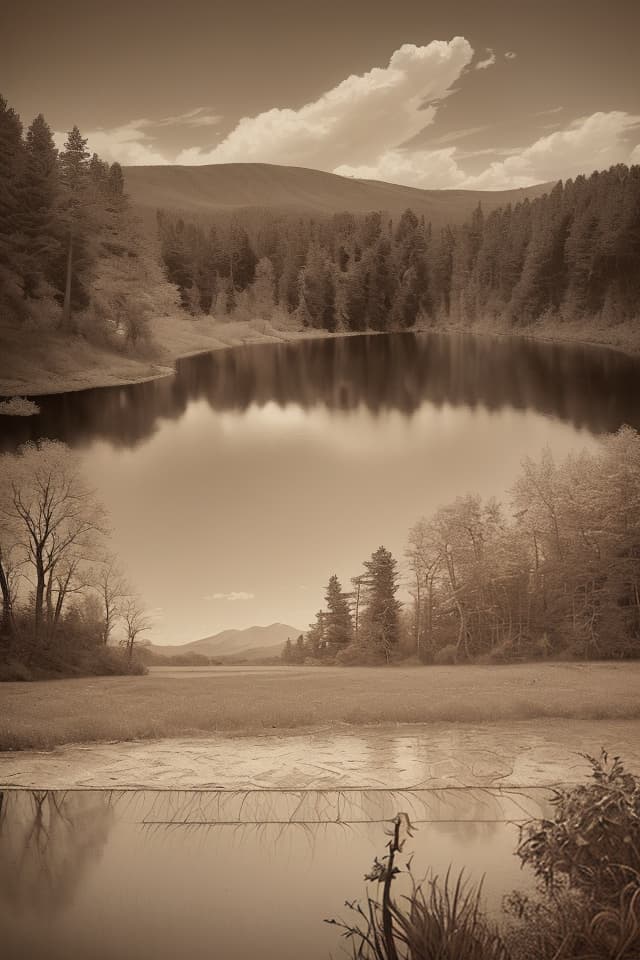  ((Lake Only Color: 1.4)){{Sepia,Monochrome World: 1.4}},Super Detail,8k,High Resolution,Absurd,Adopted,Detail,Delicate Composition,Cinematic Angle,Bold Composition,Detailed,{{Lake Only Color: 1.4}}((Sepia,Monochrome Photography,Landscape Photography)){{Woodland,Lake,Quietlake surface,big sky,blue sky,wide open sky}},top quality,masterpiece,