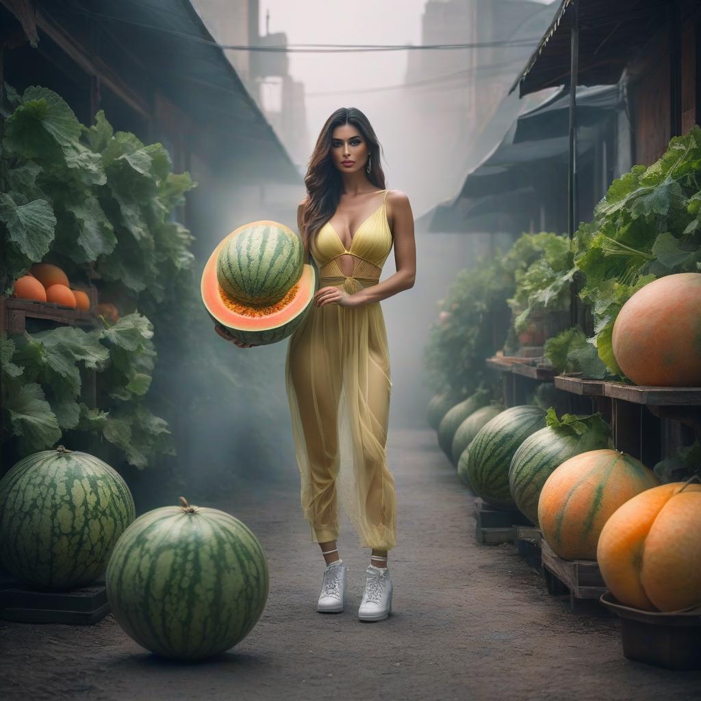  crazy melon hyperrealistic, full body, detailed clothing, highly detailed, cinematic lighting, stunningly beautiful, intricate, sharp focus, f/1. 8, 85mm, (centered image composition), (professionally color graded), ((bright soft diffused light)), volumetric fog, trending on instagram, trending on tumblr, HDR 4K, 8K