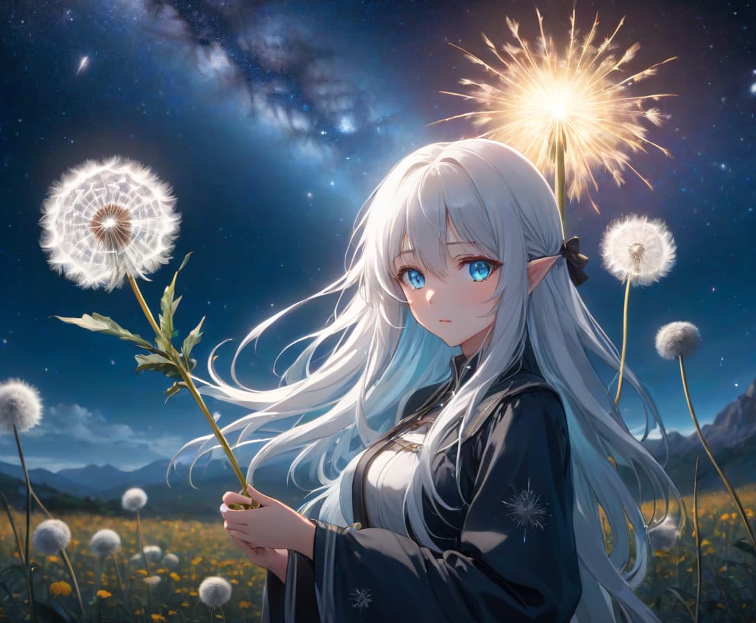  anime artwork A beautiful girl with azure ice blue eyes and long white hair holds a dandelion against a backdrop of the Milky Way. . anime style, key visual, vibrant, studio anime, highly detailed hyperrealistic, full body, detailed clothing, highly detailed, cinematic lighting, stunningly beautiful, intricate, sharp focus, f/1. 8, 85mm, (centered image composition), (professionally color graded), ((bright soft diffused light)), volumetric fog, trending on instagram, trending on tumblr, HDR 4K, 8K