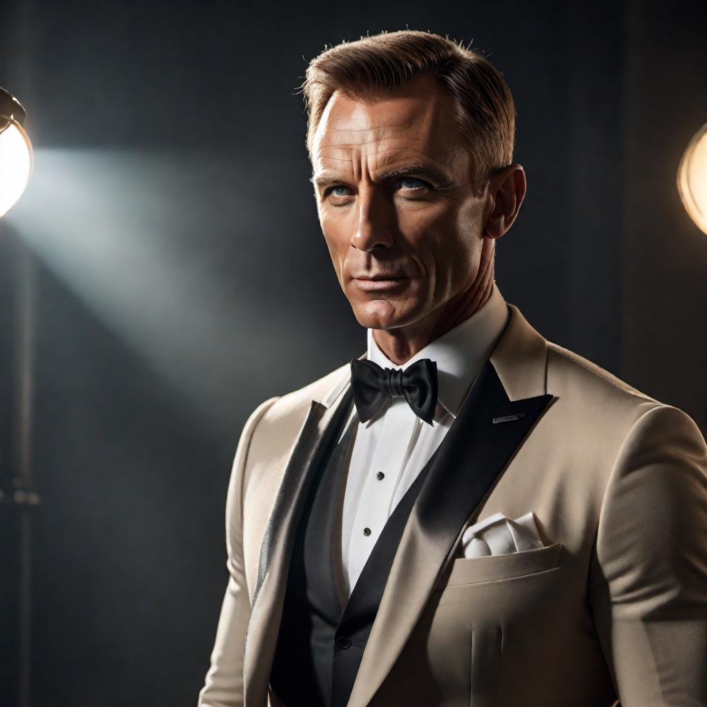  An image of a fusion between James Bond and James Bond with a slight light tan, combining elements of both iconic characters in a unique and stylish design. hyperrealistic, full body, detailed clothing, highly detailed, cinematic lighting, stunningly beautiful, intricate, sharp focus, f/1. 8, 85mm, (centered image composition), (professionally color graded), ((bright soft diffused light)), volumetric fog, trending on instagram, trending on tumblr, HDR 4K, 8K