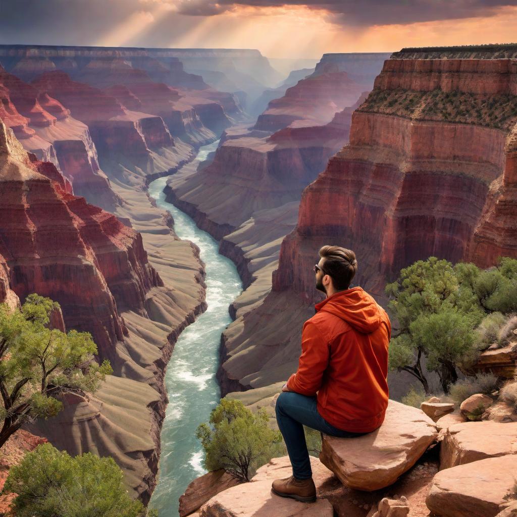  A person sitting down and looking at a beautiful waterfall at the bottom of the Grand Canyon. The person is casually dressed, sitting on a piece of rock, and gazing in awe at the majestic waterfall cascading down the cliffs. The Grand Canyon's iconic red and orange layered rock formations are visible, with lush greenery near the waterfall. The scene is breathtaking and serene. hyperrealistic, full body, detailed clothing, highly detailed, cinematic lighting, stunningly beautiful, intricate, sharp focus, f/1. 8, 85mm, (centered image composition), (professionally color graded), ((bright soft diffused light)), volumetric fog, trending on instagram, trending on tumblr, HDR 4K, 8K