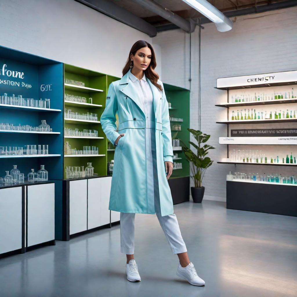  A large, rectangular sign for the front of a chemistry-themed fashion boardshop. The sign should feature the text 'Chemistry Fashion Boardshop' in bold, modern font. Incorporate elements like stylized molecules and test tubes in a vibrant, sporty design. Use bold colors such as blue, green, and white for a striking visual impact. The overall design should communicate both scientific innovation and a dynamic, trendy style. hyperrealistic, full body, detailed clothing, highly detailed, cinematic lighting, stunningly beautiful, intricate, sharp focus, f/1. 8, 85mm, (centered image composition), (professionally color graded), ((bright soft diffused light)), volumetric fog, trending on instagram, trending on tumblr, HDR 4K, 8K