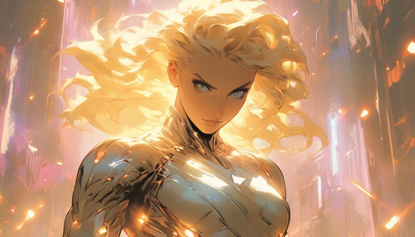  hyperrealism,fantasy aesthetic1woman, large busted attractive blonde arian female humanoid, drawn into the light, ethereal background, expressions of anticipation, high tech clothing clad in sleek, futuristic costume with metallic accents and form fitting designs, marvel superhero comics style, unreal engine rendering