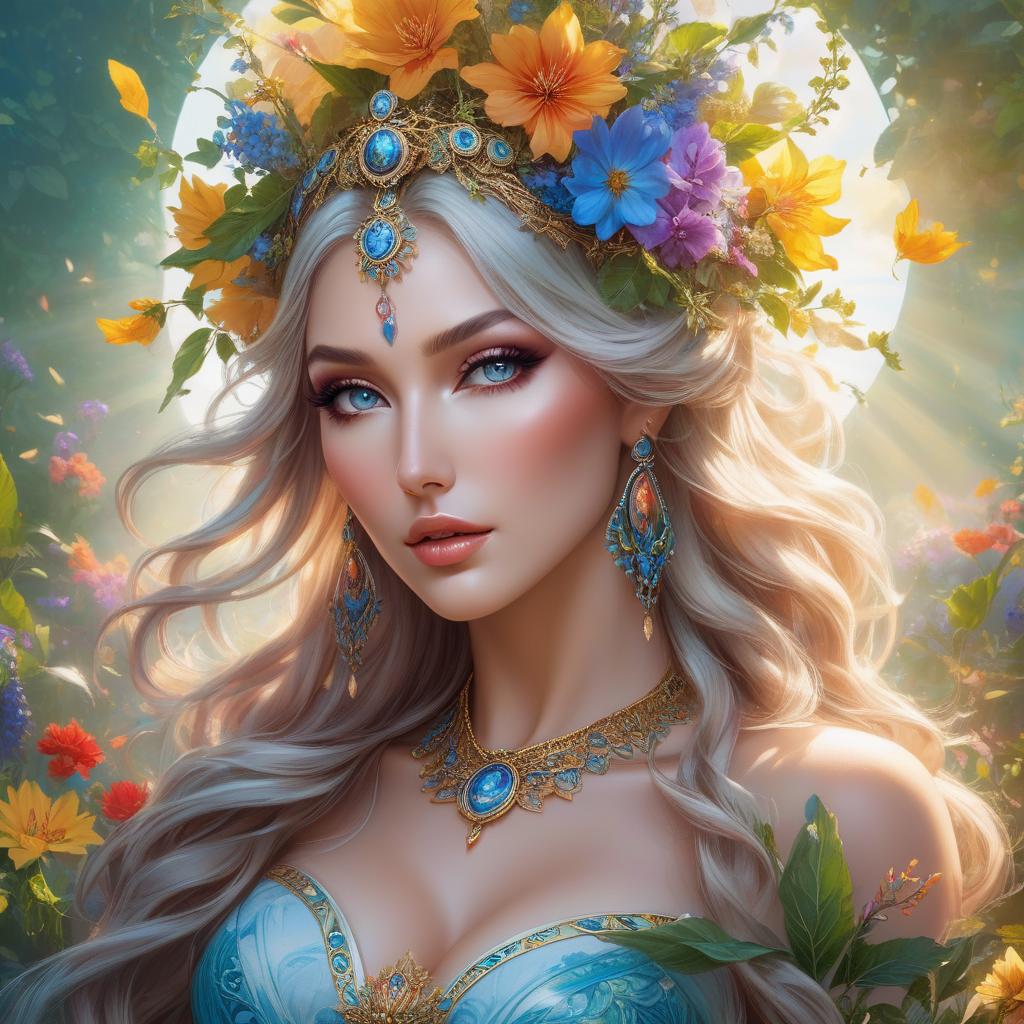  A vibrant portrait of a woman with a floral headdress, swirling hair, and rich, vivid colors conveying a fantasy aesthetic. a painting of a woman with flowers in her hair, flower goddess, beautiful art uhd 4 k, beautiful fantasy art portrait, goddess of nature, beautiful fantasy portrait, goddess of summer, goddess portrait, colorfull digital fantasy art, goddess of spring, beautiful fantasy maiden, portrait of a beautiful goddess, earth goddess mythology, karol bak uhd, the goddess of summer hyperrealistic, full body, detailed clothing, highly detailed, cinematic lighting, stunningly beautiful, intricate, sharp focus, f/1. 8, 85mm, (centered image composition), (professionally color graded), ((bright soft diffused light)), volumetric fog, trending on instagram, trending on tumblr, HDR 4K, 8K