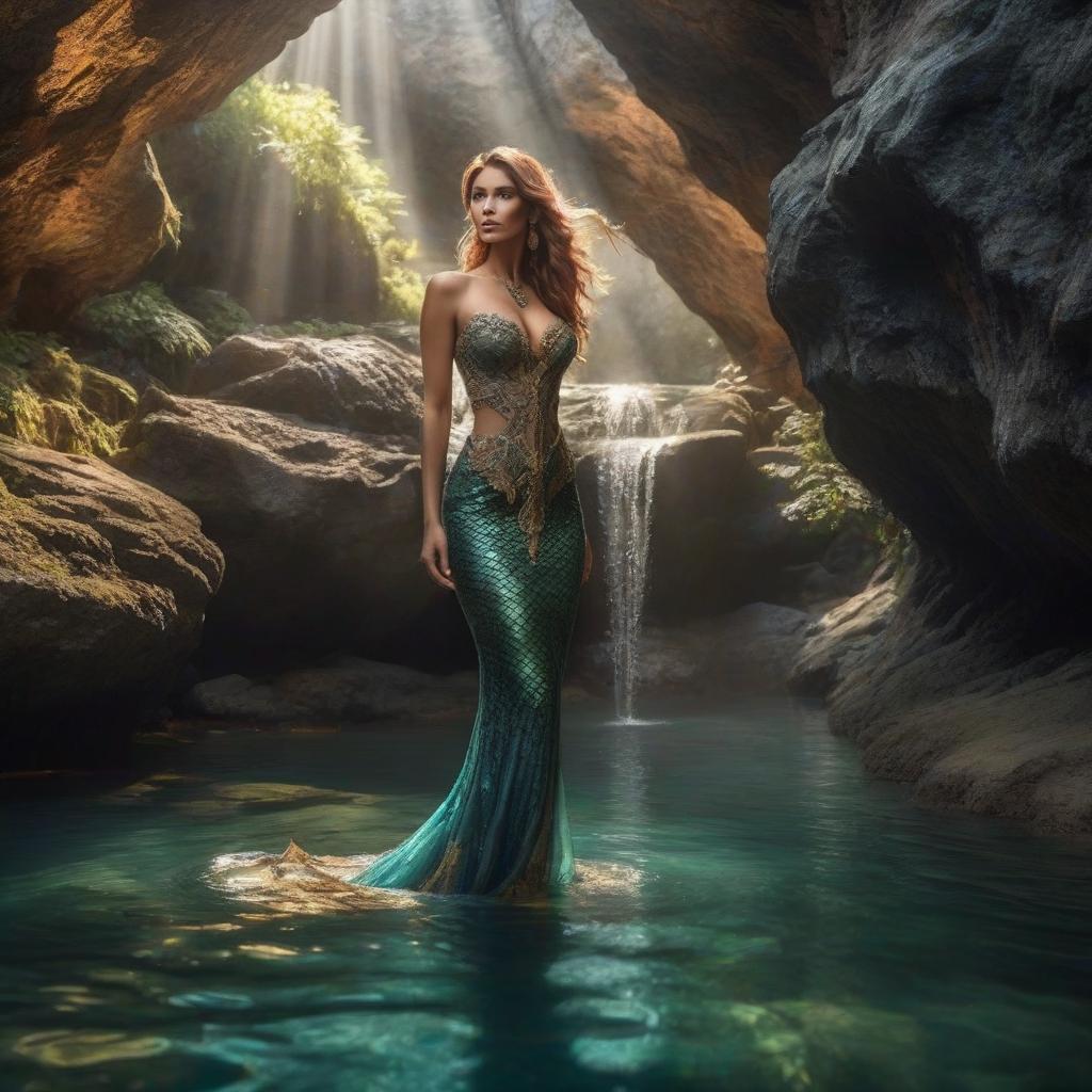  Mermaid, highly detailed face, hyperrealistic photography, complex lighting, mountain river, cave, torch. hyperrealistic, full body, detailed clothing, highly detailed, cinematic lighting, stunningly beautiful, intricate, sharp focus, f/1. 8, 85mm, (centered image composition), (professionally color graded), ((bright soft diffused light)), volumetric fog, trending on instagram, trending on tumblr, HDR 4K, 8K