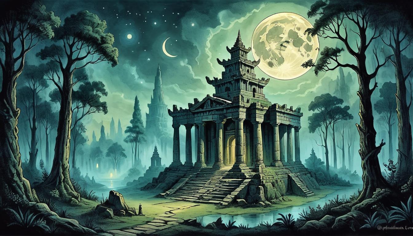  on parchment, surrealism+++, Ancient temple ruins, illuminated by the glow of a full moon, surrounded by dense forest, mystical, historical, powerful, otherworldly, sacred place(mysterious, provocative, symbolic,muted color)+++