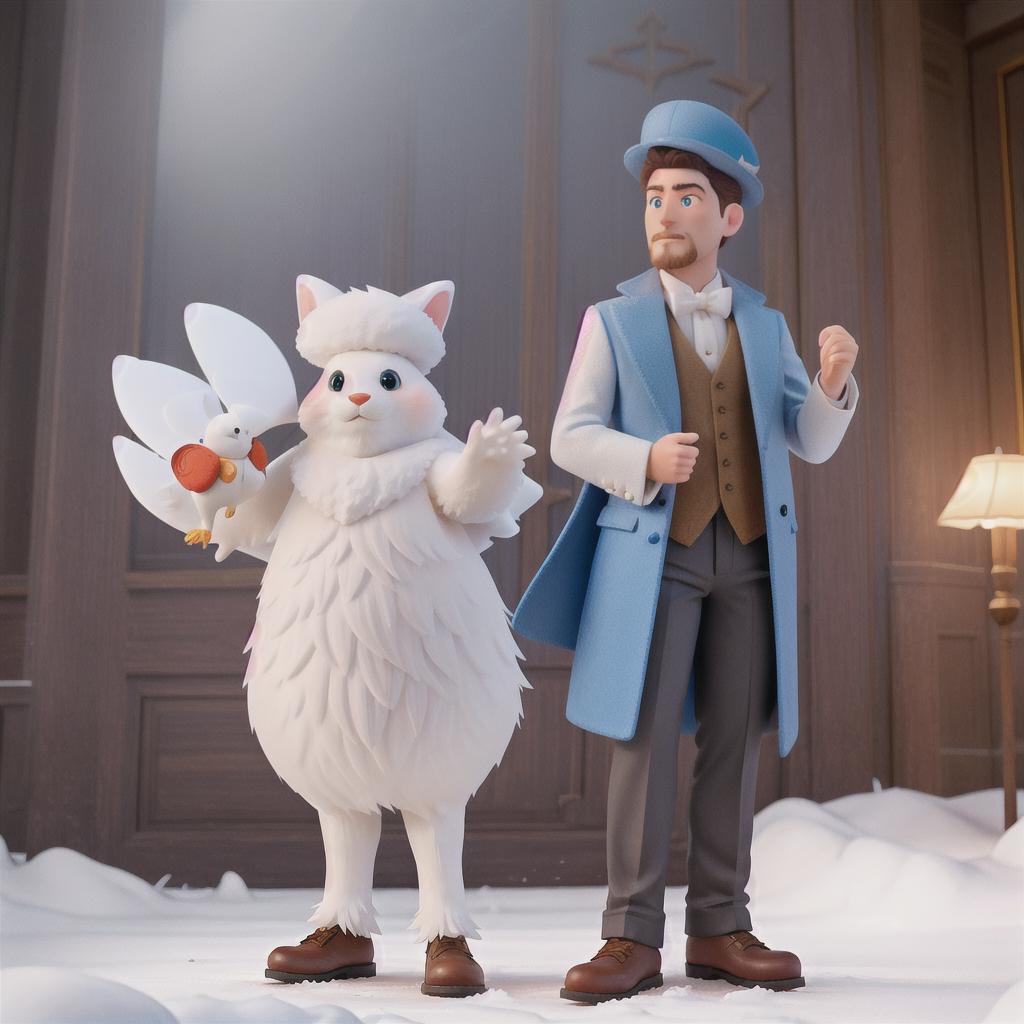  A vibrant and lively poster featuring Benny the brave bunny, Snowy the kind dove, and the repentant hunter under a starry sky. Benny, a fluffy bunny with a white coat and big blue eyes, stands next to Snowy, a gentle dove with soft white plumage, while the hunter, now looking kind and remorseful, stands nearby. hyperrealistic, full body, detailed clothing, highly detailed, cinematic lighting, stunningly beautiful, intricate, sharp focus, f/1. 8, 85mm, (centered image composition), (professionally color graded), ((bright soft diffused light)), volumetric fog, trending on instagram, trending on tumblr, HDR 4K, 8K