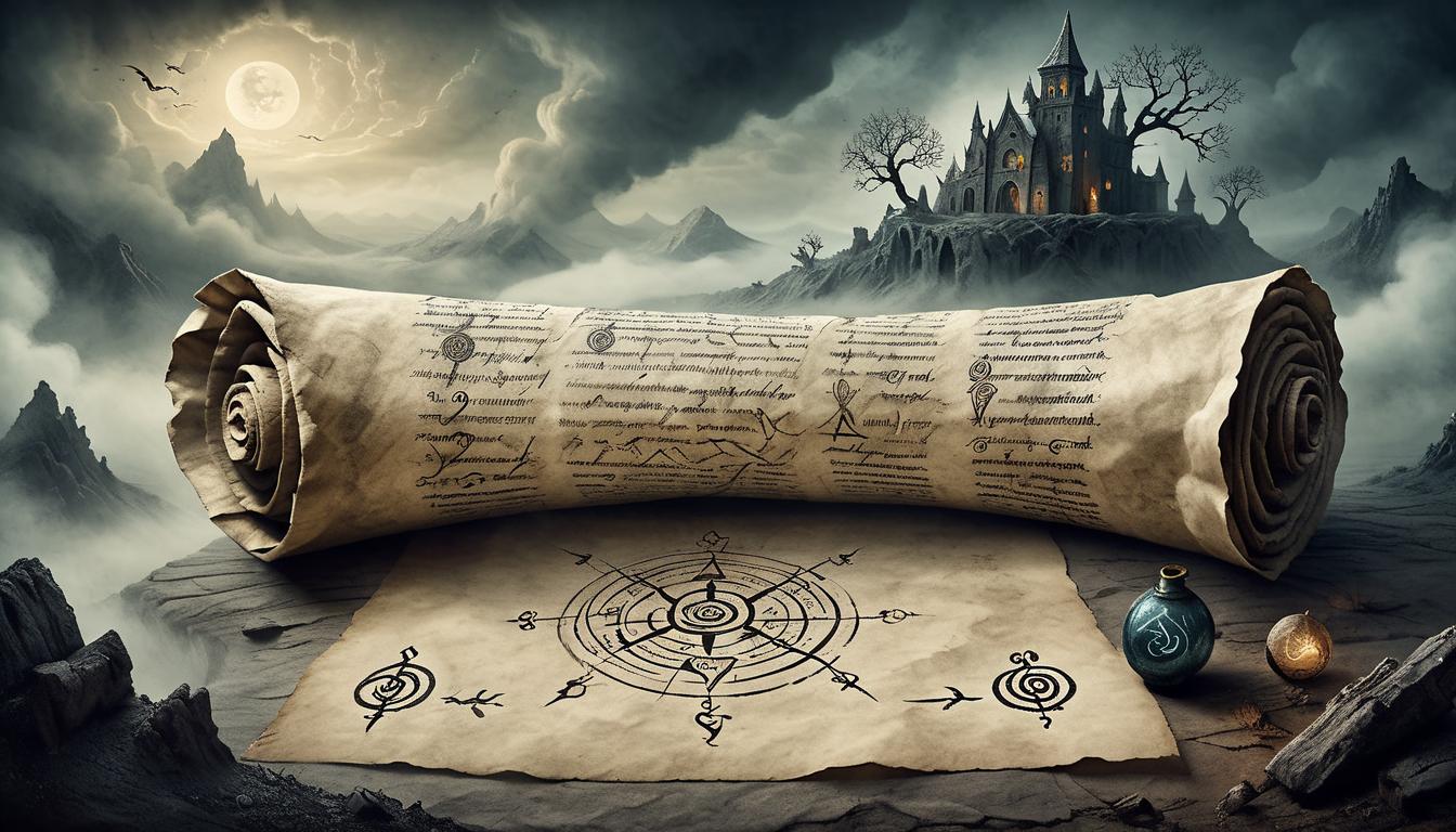  on parchment, surrealism+++, A twisted, ancient scroll with cryptic runes and symbols, being held by a gnarled hand, backdrop of swirling mists, sense of dark wisdom, logic twisted, atmospheric, ancient and mystical(mysterious, provocative, symbolic,muted color)+++