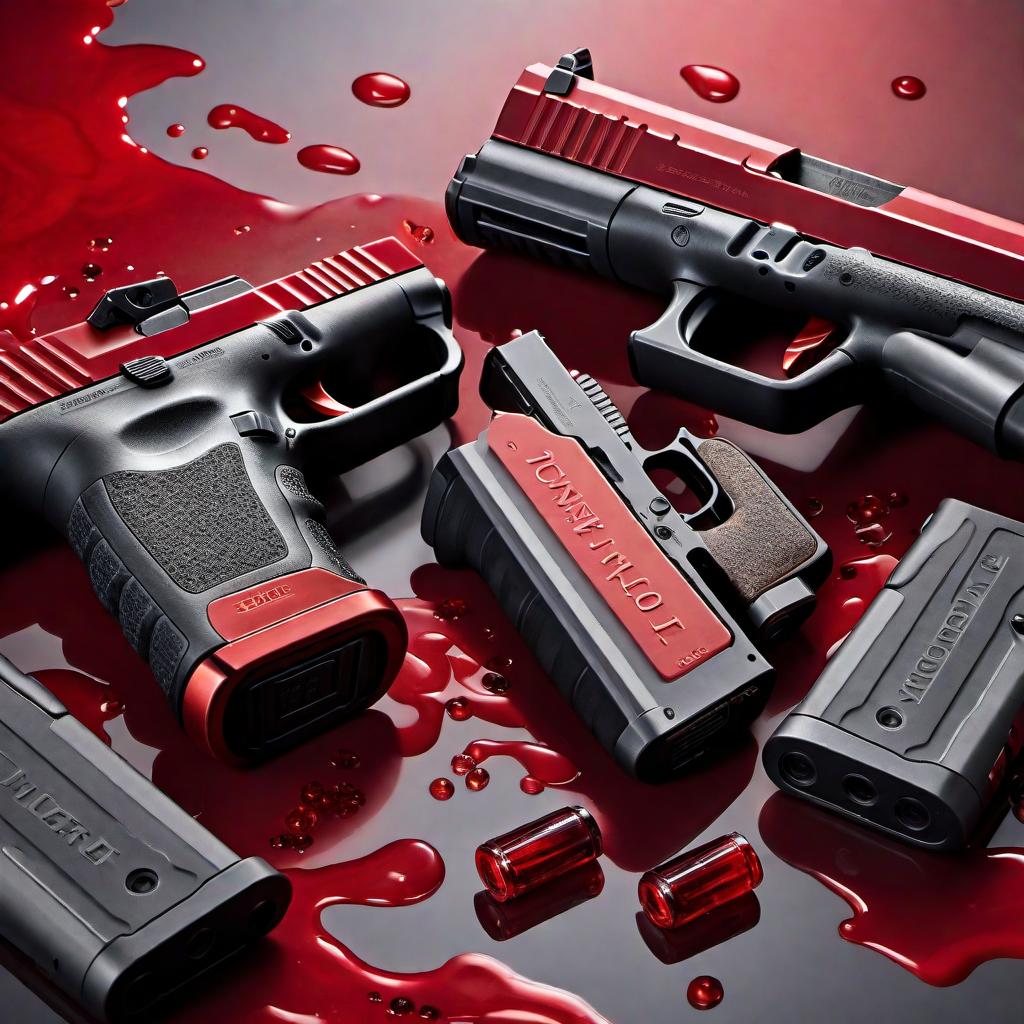  A logo featuring the words 'Active Members' in an all-red blood dripping font, with two Glock handguns with extended clip magazines on either side. Grey smoke is coming out of the barrels of the guns. hyperrealistic, full body, detailed clothing, highly detailed, cinematic lighting, stunningly beautiful, intricate, sharp focus, f/1. 8, 85mm, (centered image composition), (professionally color graded), ((bright soft diffused light)), volumetric fog, trending on instagram, trending on tumblr, HDR 4K, 8K