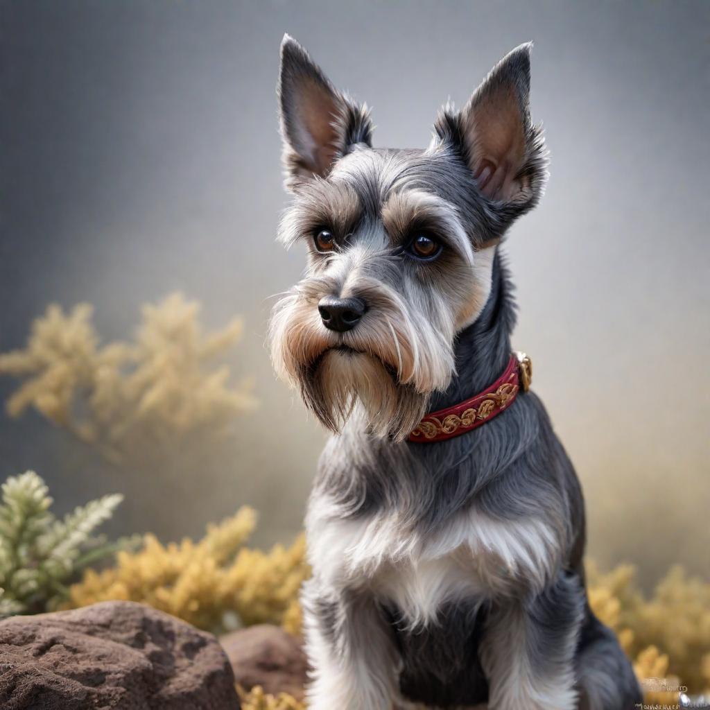  A drawing of a miniature schnauzer with a tail and big ears. hyperrealistic, full body, detailed clothing, highly detailed, cinematic lighting, stunningly beautiful, intricate, sharp focus, f/1. 8, 85mm, (centered image composition), (professionally color graded), ((bright soft diffused light)), volumetric fog, trending on instagram, trending on tumblr, HDR 4K, 8K