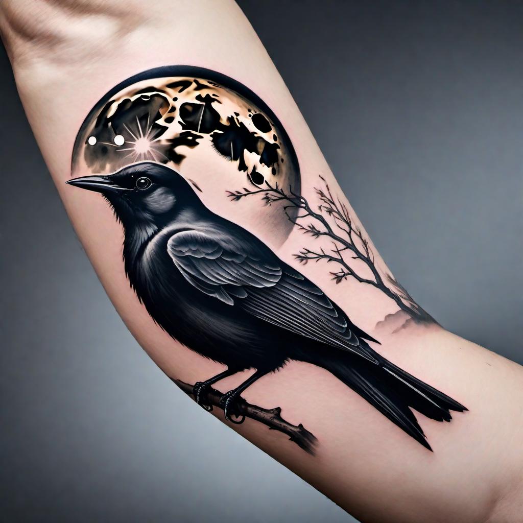  A tattoo design featuring a full moon with a black bird flying. There is a hand in the image, depicted as if it is releasing the blackbird towards the moon. The design should be artistic and monochromatic, using black ink to create a sense of mystery and elegance. The background should be minimalistic to draw focus on the moon, bird, and hand. hyperrealistic, full body, detailed clothing, highly detailed, cinematic lighting, stunningly beautiful, intricate, sharp focus, f/1. 8, 85mm, (centered image composition), (professionally color graded), ((bright soft diffused light)), volumetric fog, trending on instagram, trending on tumblr, HDR 4K, 8K