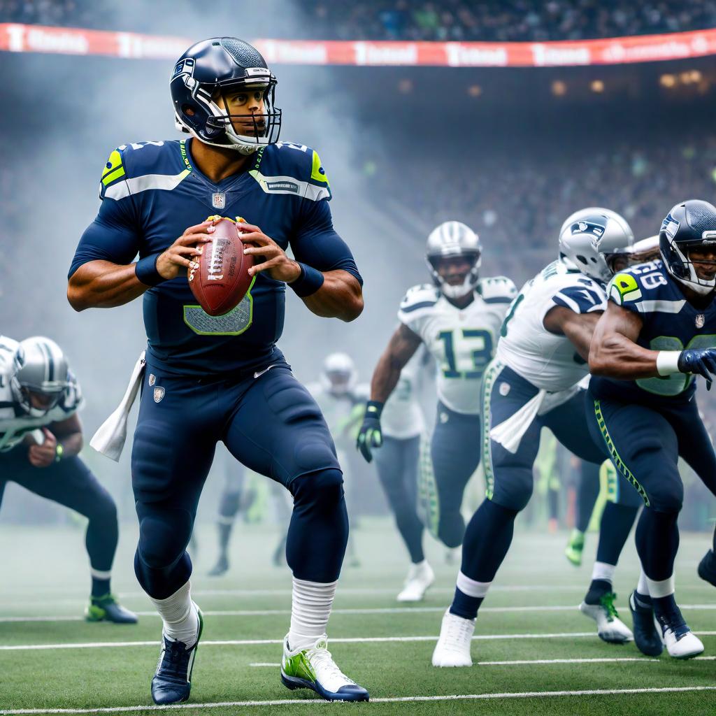  Create a fantasy football logo with the team name 'SONS OF STEEL'. Include an image of Russell Wilson as the quarterback with the top 6 players of the team beneath him. hyperrealistic, full body, detailed clothing, highly detailed, cinematic lighting, stunningly beautiful, intricate, sharp focus, f/1. 8, 85mm, (centered image composition), (professionally color graded), ((bright soft diffused light)), volumetric fog, trending on instagram, trending on tumblr, HDR 4K, 8K