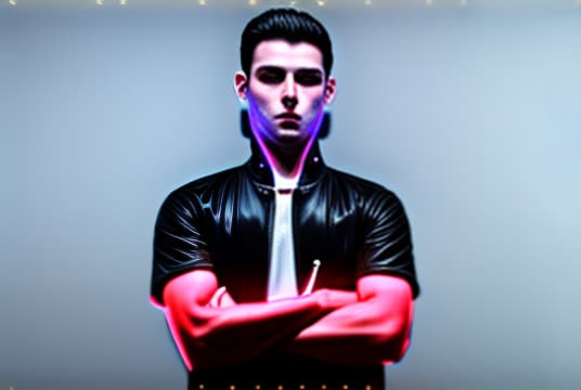 mdjrny-v4 style Anime style portrait of a young man with short, spiky black hair and blue eyes. He is wearing a black jacket over a white shirt, paired with dark jeans and combat boots. The background features an urban cityscape at dusk, illuminated by neon lights. Detailed and expressive, with a confident and determined look.