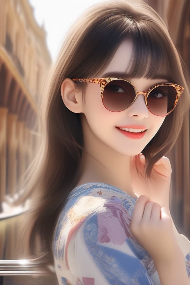  ((High quality, high quality, super resolution, good anatomy)) Masterpeace, Best of the best, high quality, high quality painting, Seville style, stylish clothes that match the picture, fair skin, cute woman, beautiful Black hair, eyes are brown and sunglasses removed, beautiful morning springs, Gulf road, Super Miracle Executive Cool Angle