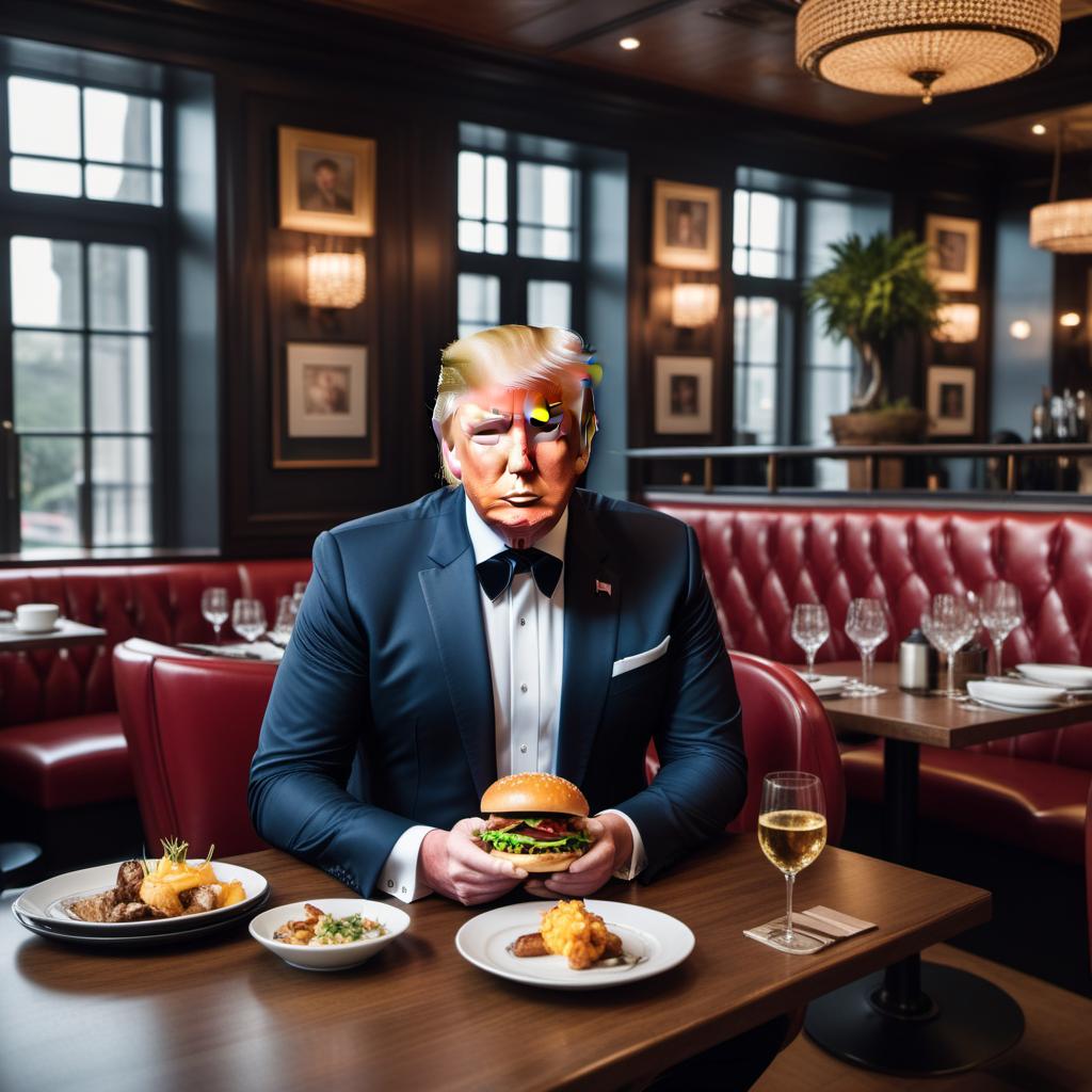  A waiter in a stylish restaurant setting, wearing a shirt with Donald Trump's face or name on it. hyperrealistic, full body, detailed clothing, highly detailed, cinematic lighting, stunningly beautiful, intricate, sharp focus, f/1. 8, 85mm, (centered image composition), (professionally color graded), ((bright soft diffused light)), volumetric fog, trending on instagram, trending on tumblr, HDR 4K, 8K