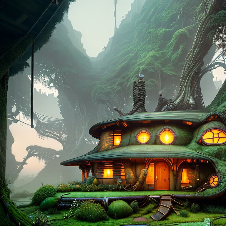 nvinkpunk 8k resolution, (((Mosscore))), ((cozy, inviting)), Decopunk, Fairycore, art-nouveau Mossy (((Hobbit-House Treehouse))) in ((Twin Peaks)) !!! digital illustration, polished, psychadelic, matte painting trending on Artstation, [[[blur], [blurry], [unbalanced] [undeveloped] [high contrast], [soft edges]]] hyperrealistic, full body, detailed clothing, highly detailed, cinematic lighting, stunningly beautiful, intricate, sharp focus, f/1. 8, 85mm, (centered image composition), (professionally color graded), ((bright soft diffused light)), volumetric fog, trending on instagram, trending on tumblr, HDR 4K, 8K