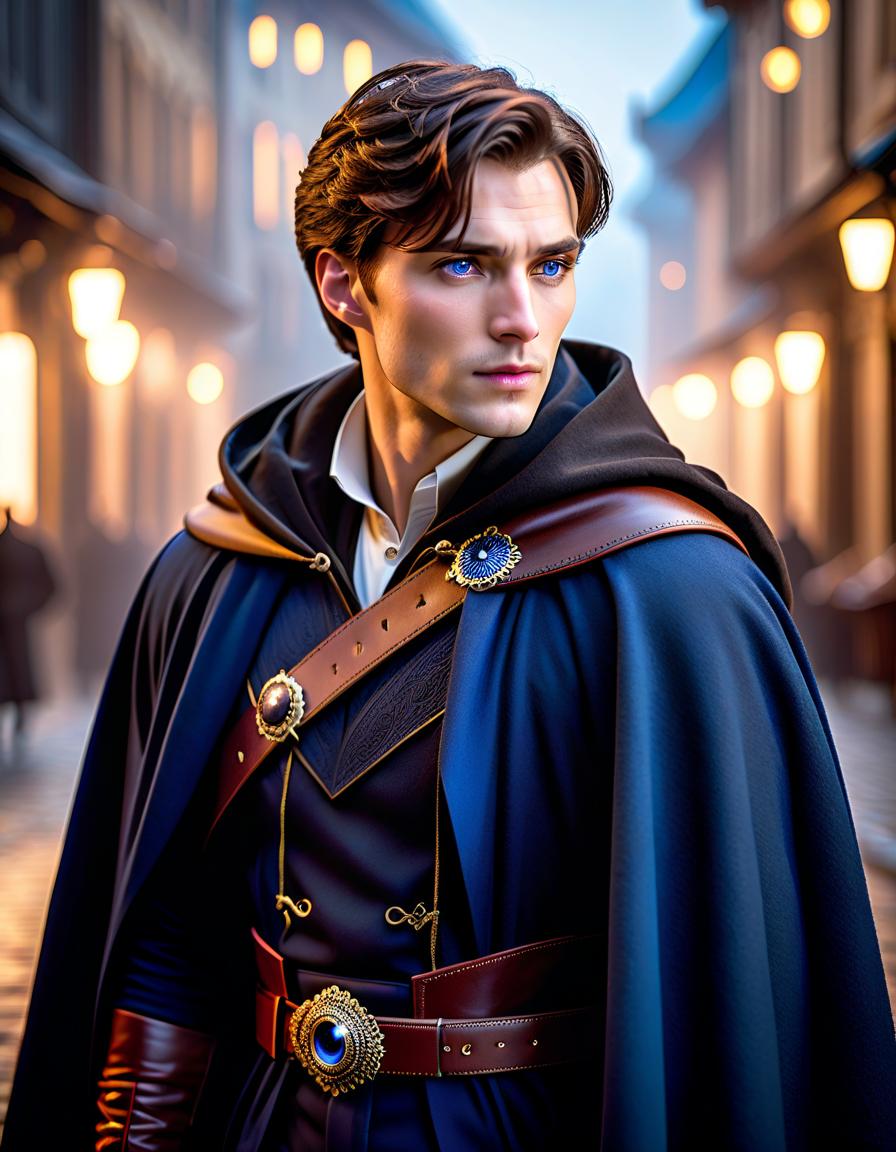  cinematic photo A tall man with short brown hair and dark eyeballs. He wears a blue cloak with a belt at the waist. A leather pouch. His trousers are black. He has black gloves without fingers. . 35mm photograph, film, bokeh, professional, 4k, highly detailed hyperrealistic, full body, detailed clothing, highly detailed, cinematic lighting, stunningly beautiful, intricate, sharp focus, f/1. 8, 85mm, (centered image composition), (professionally color graded), ((bright soft diffused light)), volumetric fog, trending on instagram, trending on tumblr, HDR 4K, 8K