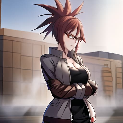  Screenshot from the anime Boku no hero academia, A girl, short, red, spiky hair, with ponytail, red eyes, short bangs, wears casual clothes, pastel color palette, sunglasses, leather jacket, calm expression , matching accessories, influencer, social media content. Professional photo session. hyperrealistic, full body, detailed clothing, highly detailed, cinematic lighting, stunningly beautiful, intricate, sharp focus, f/1. 8, 85mm, (centered image composition), (professionally color graded), ((bright soft diffused light)), volumetric fog, trending on instagram, trending on tumblr, HDR 4K, 8K