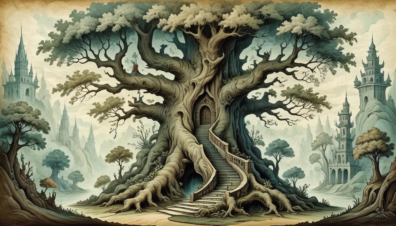  on parchment, surrealism+++, A towering tree with ascending steps carved into the trunk, various stages of growth depicted, showing inspiration and challenge(mysterious, provocative, symbolic,muted color)+++