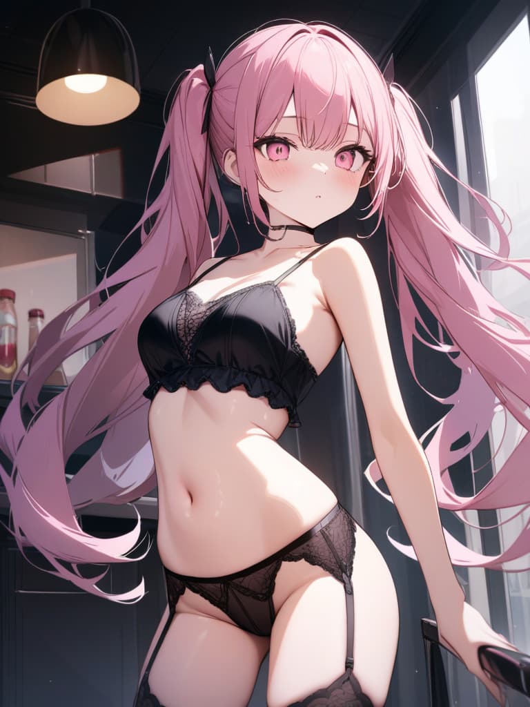  Cute, , thin body, fluffy hair, fluffy long hair, twin tails, pink hair color, pink eyes, sauce, stomach, camesole, big s, large s, shelled, black, black, garter belt, masterpiece, best quality,8k,ultra detailed,high resolution,an extremely delicate and beautiful,hyper detail