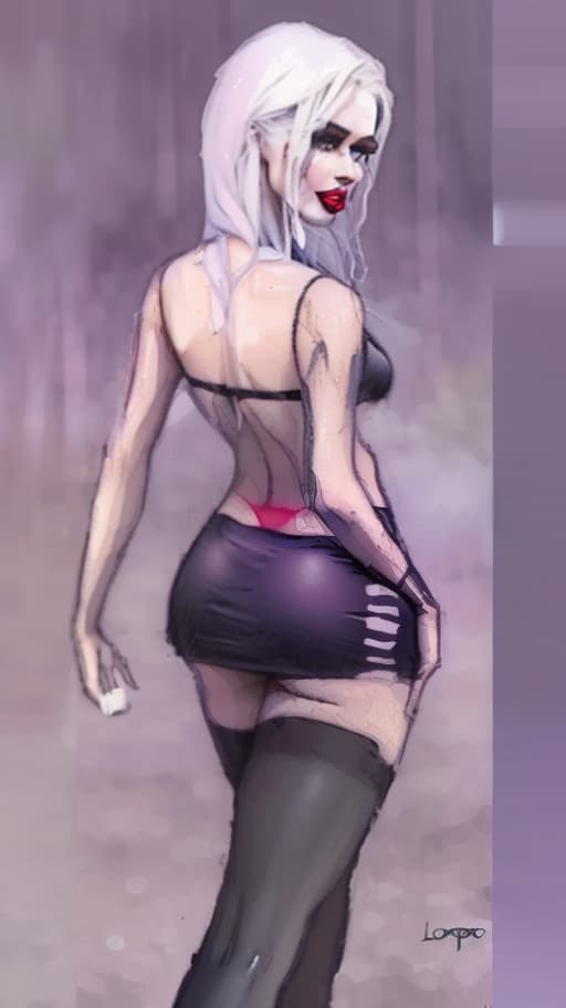  4K, realism, forest in the background, light rain, beautiful with Slavic features, long light colored hair, black fitting mini , black , black tights, high heels, bare back, bare shoulders, thin waist, full hips, big , big , smoky make up, wide lips, dark lipstick, drawn face, (intricate details:0.9), (hdr, hyperdetailed:1.2) hyperrealistic, full body, detailed clothing, highly detailed, cinematic lighting, stunningly beautiful, intricate, sharp focus, f/1. 8, 85mm, (centered image composition), (professionally color graded), ((bright soft diffused light)), volumetric fog, trending on instagram, trending on tumblr, HDR 4K, 8K