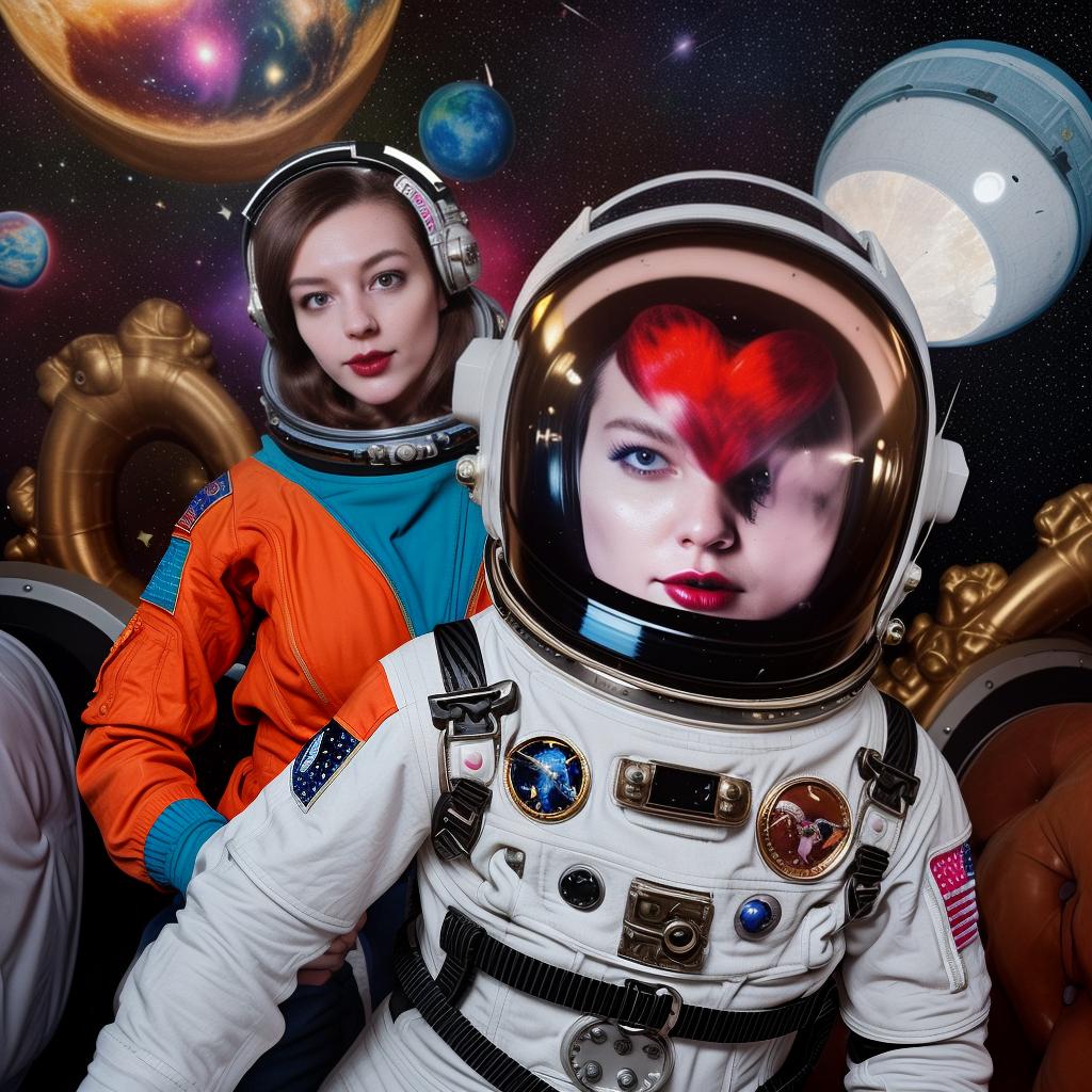  16k high quality high contrast colorful photo full body portrait facing camera beauty space horror fashionable tim burtonesque, stars, hearts, skulls, space mod astronaut woman with stylish ornate 1950s scifi astronaut helmet with spikes and her matching cute spotted magical fantasy creature