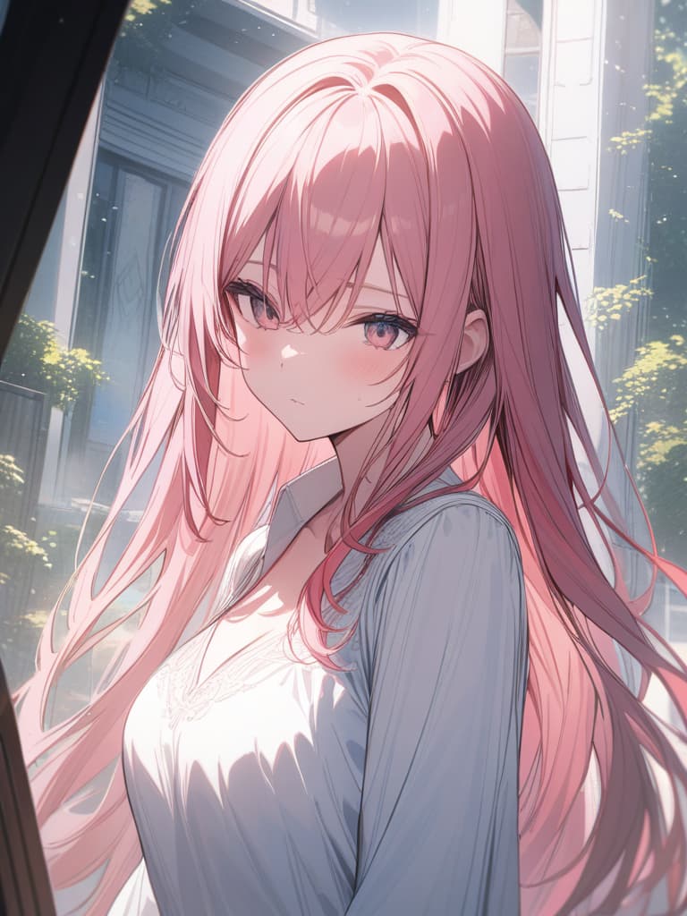  Pink hair, green, long hair, white dress, masterpiece, best quality,8k,ultra detailed,high resolution,an extremely delicate and beautiful,hyper detail