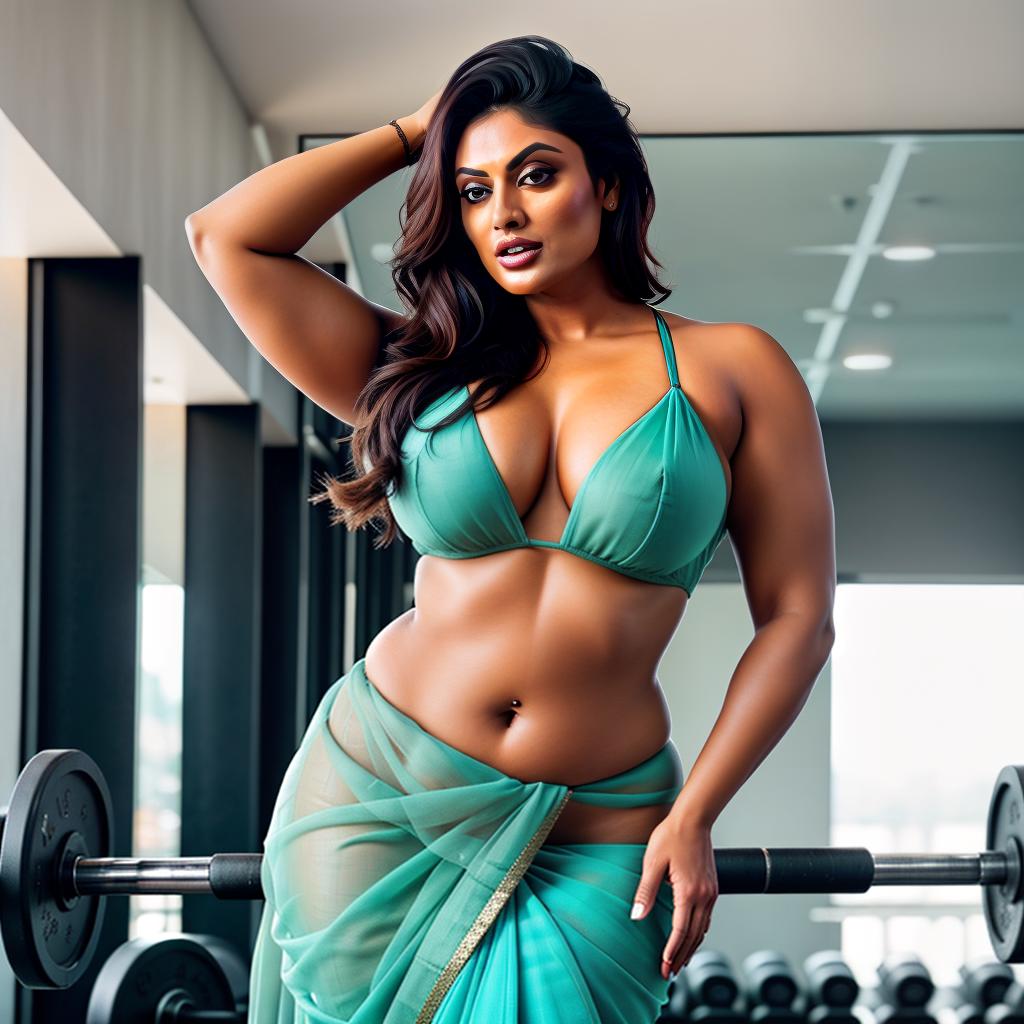  A Chubby Muscle Indian woman in saree pallu drapery at Gym, Workout,  Abs, Muscle, Phoebe Tonkin Face, portrait, hyperrealistic, full body, detailed clothing, highly detailed, cinematic lighting, stunningly beautiful, intricate, sharp focus, f/1. 8, 85mm, (centered image composition), (professionally color graded), ((bright soft diffused light)), volumetric fog, trending on instagram, trending on tumblr, HDR 4K, 8K