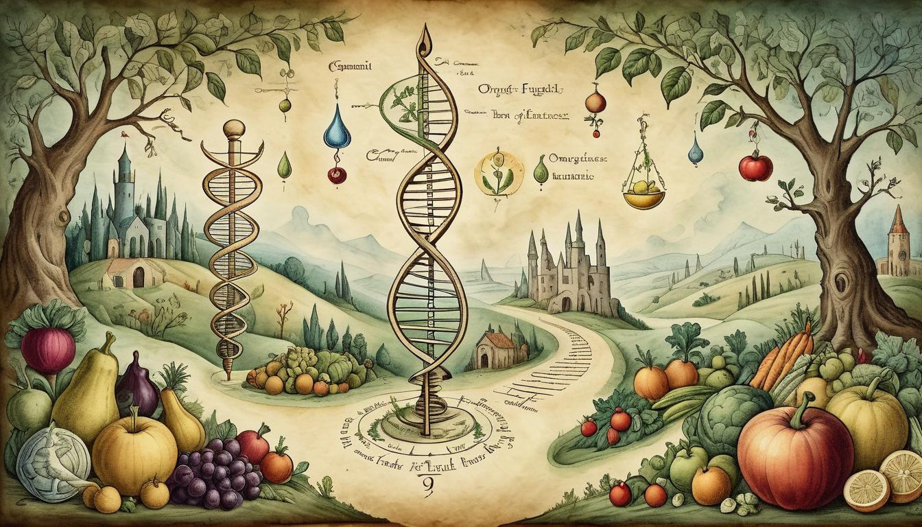  on parchment, surrealism+++, Figures avoiding pollutants, organic fruits and vegetables, illuminated DNA in the background, sense of purity and health(mysterious, provocative, symbolic,muted color)+++