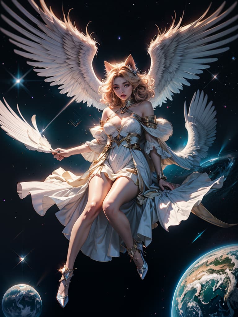  official art, unity 8k wallpaper, ultra detailed, High quality, beautiful, masterpiece, best quality, a fluffy cat floating in space, angel wings, cute, chibi cat, nebula, sparkle hyperrealistic, full body, detailed clothing, highly detailed, cinematic lighting, stunningly beautiful, intricate, sharp focus, f/1. 8, 85mm, (centered image composition), (professionally color graded), ((bright soft diffused light)), volumetric fog, trending on instagram, trending on tumblr, HDR 4K, 8K