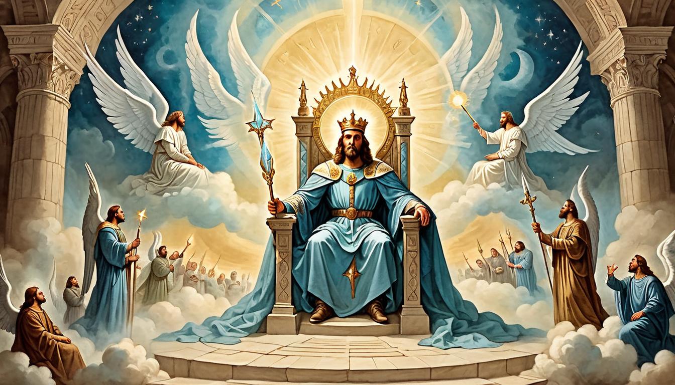  on parchment, surrealism+++, Celestial throne with radiant light, Isaiah looking up overwhelmed, divine presence glowing, angels in soft hues, reverent, majestic(mysterious, provocative, symbolic,muted color)+++