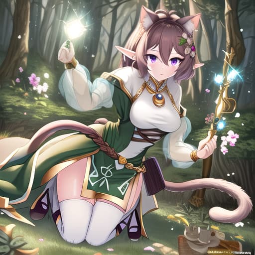  Cat girl, purple eyes, brown hair and elf costume, puff tail in a forest hyperrealistic, full body, detailed clothing, highly detailed, cinematic lighting, stunningly beautiful, intricate, sharp focus, f/1. 8, 85mm, (centered image composition), (professionally color graded), ((bright soft diffused light)), volumetric fog, trending on instagram, trending on tumblr, HDR 4K, 8K