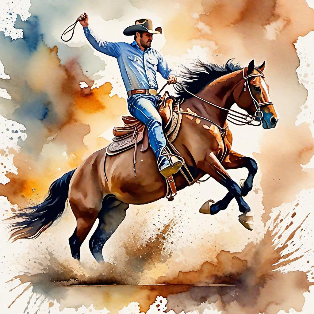  Create a watercolor painting of a man ridding a bucking horse at a rodeo. The background features soft, watercolor style splashes in earthy tones, giving the image an artistic and dreamy feel. Ensure the overall image has a delicate watercolor effect.