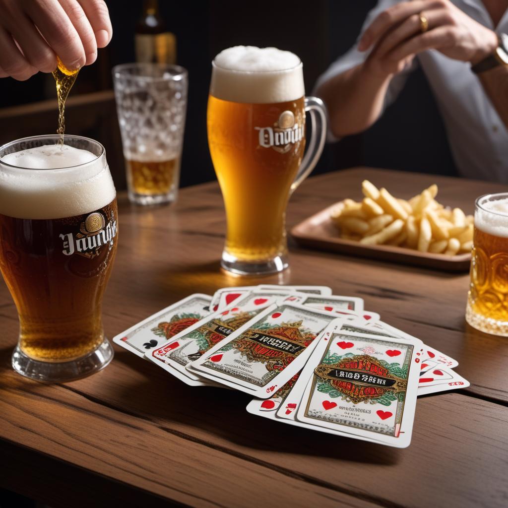  Illustrate a scene with a beer being returned and cards on a table. hyperrealistic, full body, detailed clothing, highly detailed, cinematic lighting, stunningly beautiful, intricate, sharp focus, f/1. 8, 85mm, (centered image composition), (professionally color graded), ((bright soft diffused light)), volumetric fog, trending on instagram, trending on tumblr, HDR 4K, 8K