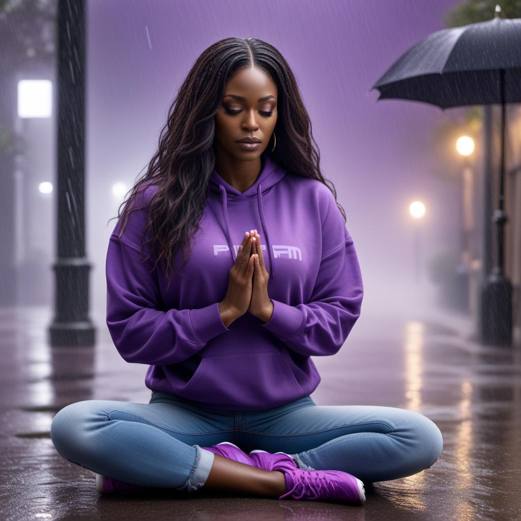  An image of a black woman with long hair on her knees praying, wearing a purple sweatshirt and jeans, with purple sneakers on, with rain falling in the background. hyperrealistic, full body, detailed clothing, highly detailed, cinematic lighting, stunningly beautiful, intricate, sharp focus, f/1. 8, 85mm, (centered image composition), (professionally color graded), ((bright soft diffused light)), volumetric fog, trending on instagram, trending on tumblr, HDR 4K, 8K