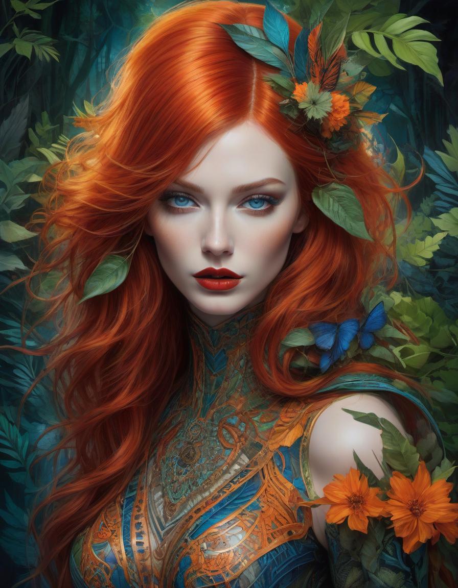  A stunning digital painting of a mysterious forest woman with red hair, blue green eyes, and orange lips. The artwork features intricate details, geometric patterns, and a surreal, photorealistic style. Created with a Nikon D850, it showcases amazing depth and fine borders, earning awards for its fantasy and ethereal qualities mysterious silhouette forest woman,red hair, blue green eyes, orange lips by Minjae Lee, Carne Griffiths, Emily Kell, Geoffroy Thoorens, Aaron Horkey, Jordan Grimmer, Greg Rutkowski, amazing depth, masterwork, surreal, geometric patterns, intricately detailed, bokeh, perfect balanced, deep fine borders, artistic photorealism , smooth, great masterwork by head of prompt engineering hyperrealistic, full body, detailed clothing, highly detailed, cinematic lighting, stunningly beautiful, intricate, sharp focus, f/1. 8, 85mm, (centered image composition), (professionally color graded), ((bright soft diffused light)), volumetric fog, trending on instagram, trending on tumblr, HDR 4K, 8K